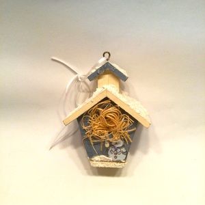 Wooden Bird House Ornament Christmas Snow Topped Snow Man Blue 5” Hand Crafted